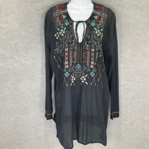 BIYA Johnny Was Tunic Top XL Black Embroidered Bohemian Blouse Lightweight - Picture 1 of 10